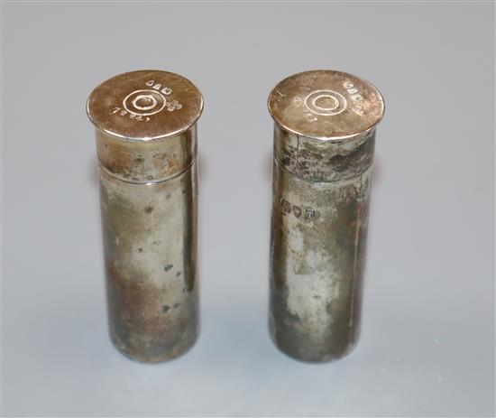 A pair of late Victorian novelty silver condiments, each modelled as a shotgun cartridge, Horace Woodward & Co, London, 1894,